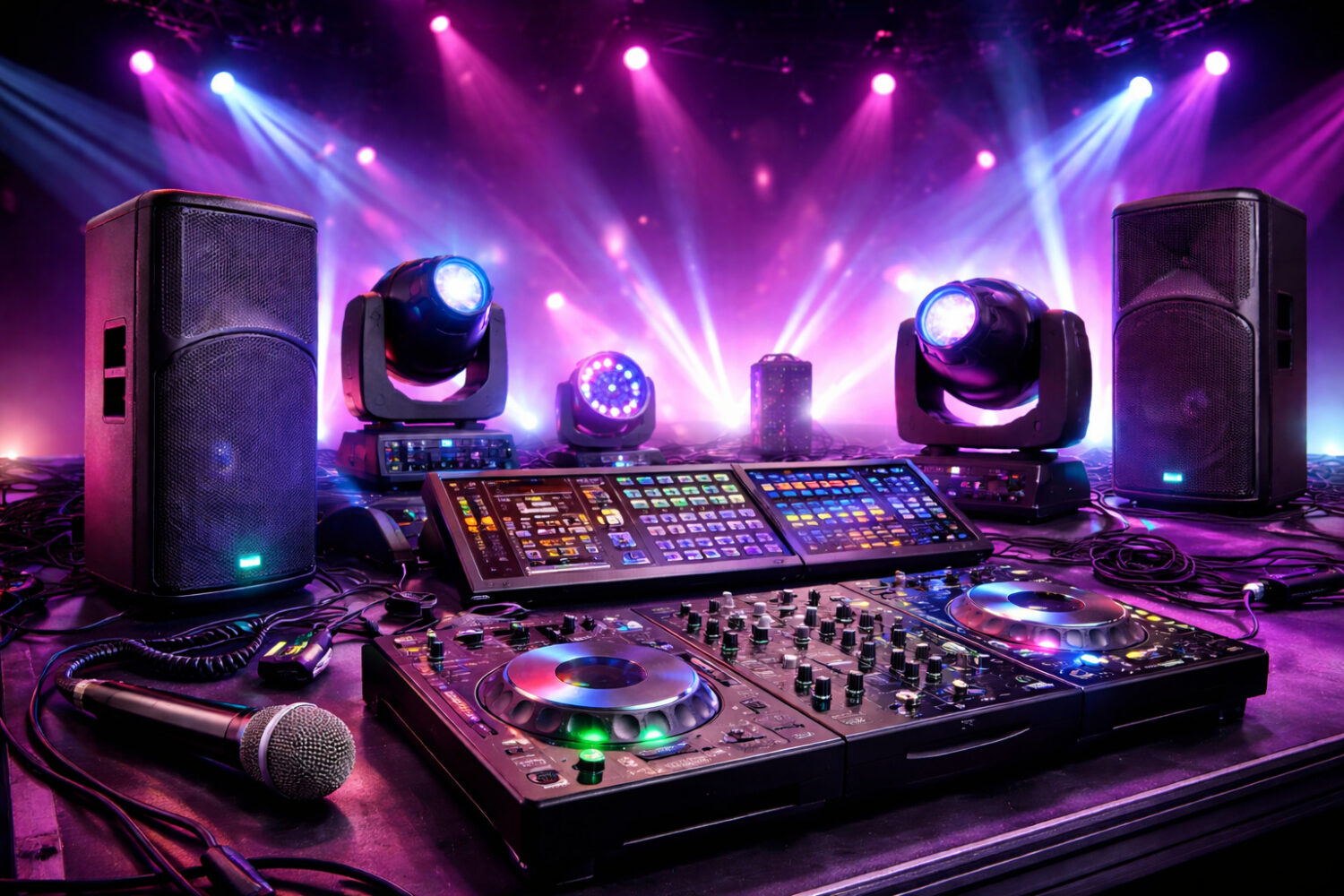 Scène professionnelle de matériel audiovisuel pour événements : régie DJ avec platines et console, enceintes, microphones et projecteurs lumineux avec éclairage dynamique violet, bleu et rose, câbles audio organisés, ambiance festive et événementielle event planner audiovisuel audiovisual mariage dj